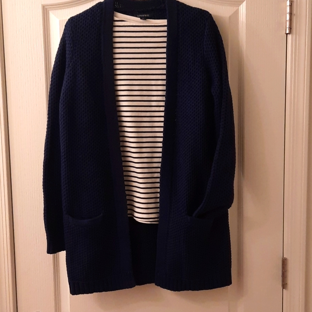 NAVY LONG SWEATER!  OPEN WEAVE BUT WARM. COTTON AND ACRYLIC.🥰